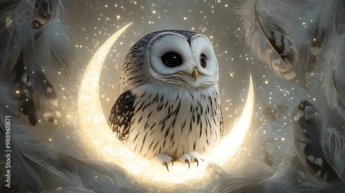 A black and white owl sitting inside a crescent moon, surrounded by stars and soft glowing light, detailed feather and moon textures, symbolizing night and wisdom, intricate shading. photo