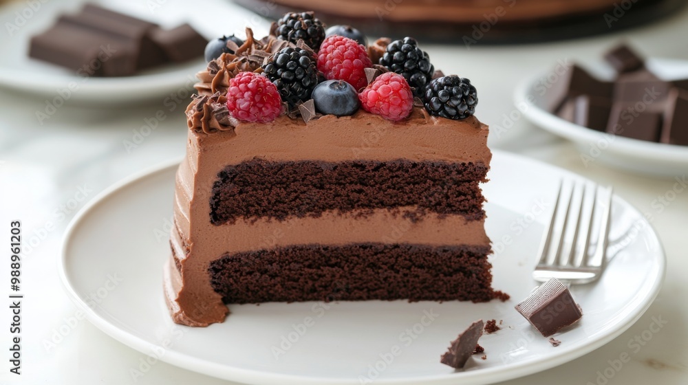 A decadent chocolate cake with layers of rich frosting, topped with fresh berries and chocolate shavings, served on a white plate with a fork beside it. A decadent chocolate cake with layers of rich frosting, topped with fresh berries and chocolate shavings, served on a white plate with a fork beside it.