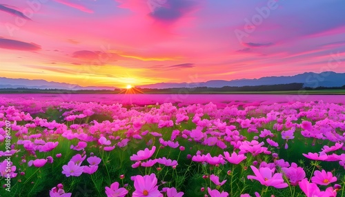 Vibrant sunset sky illuminating a stunning field of pink flowers, celebrating the breathtaking beauty of springs colorful nature landscape