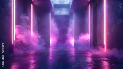 Purple Neon Lights and Smoke in a Dark Corridor - 3D Illustration