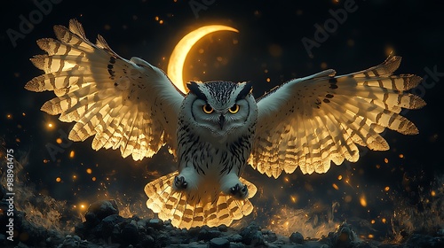 A black and white owl with outstretched wings soaring above a crescent moon, detailed feathers and glowing light from the moon, symbolizing grace and intelligence, high contrast shading.