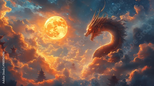 A majestic golden dragon soars through the sky, illuminated by a glowing full moon. photo