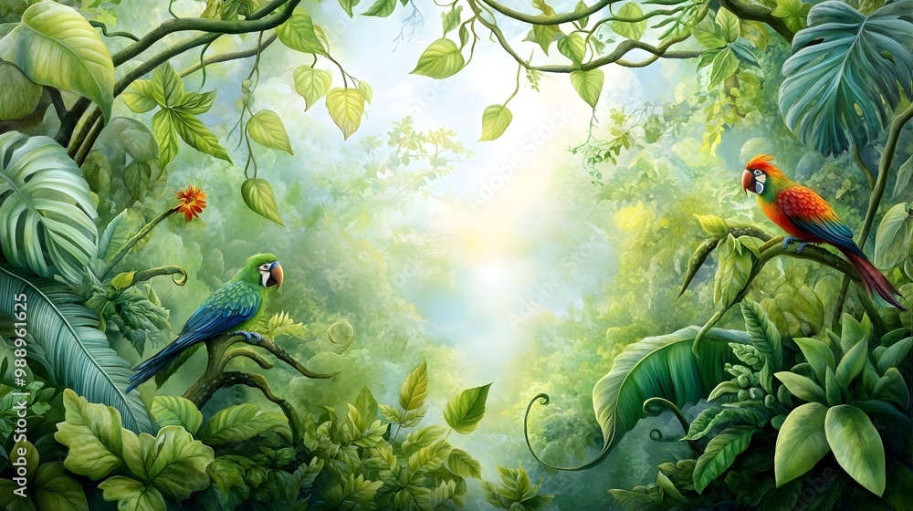 Lush Flourishing Rainforest Canopy with Cascading Vines and Colorful Tropical Birds in Whimsical Watercolor Style Lush Flourishing Rainforest Canopy with Cascading Vines and Colorful Tropical Birds in Whimsical Watercolor Style