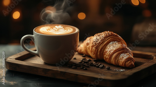 cup of coffee with croissant
