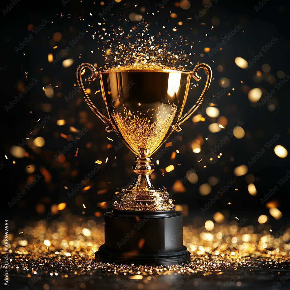 A golden cup with a gold rim sits on a table covered in gold glitter. The cup is the winner of an award, and the glitter represents the celebration and excitement of the moment A golden cup with a gold rim sits on a table covered in gold glitter. The cup is the winner of an award, and the glitter represents the celebration and excitement of the moment