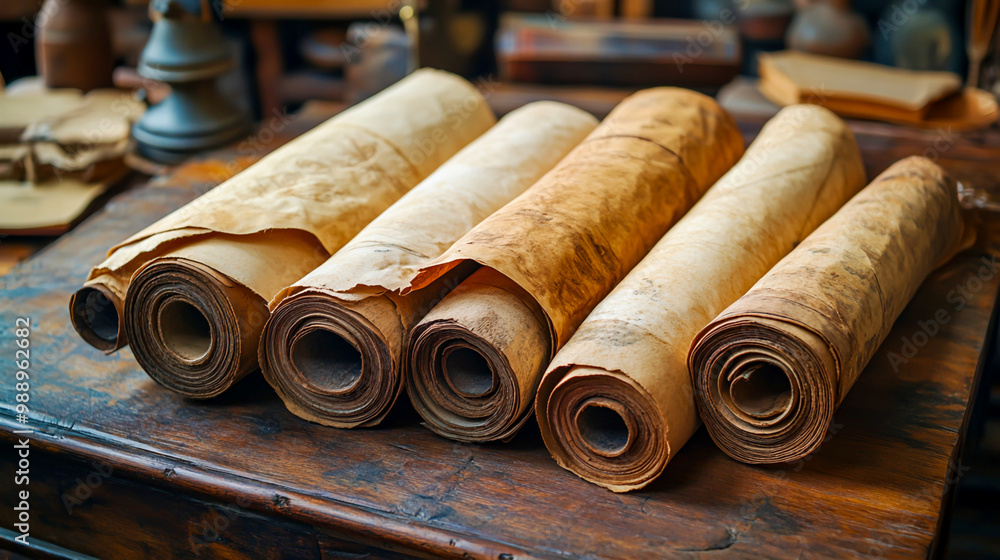 Ancient Scrolls Rolled on Wooden Table Ancient Scrolls Rolled on Wooden Table