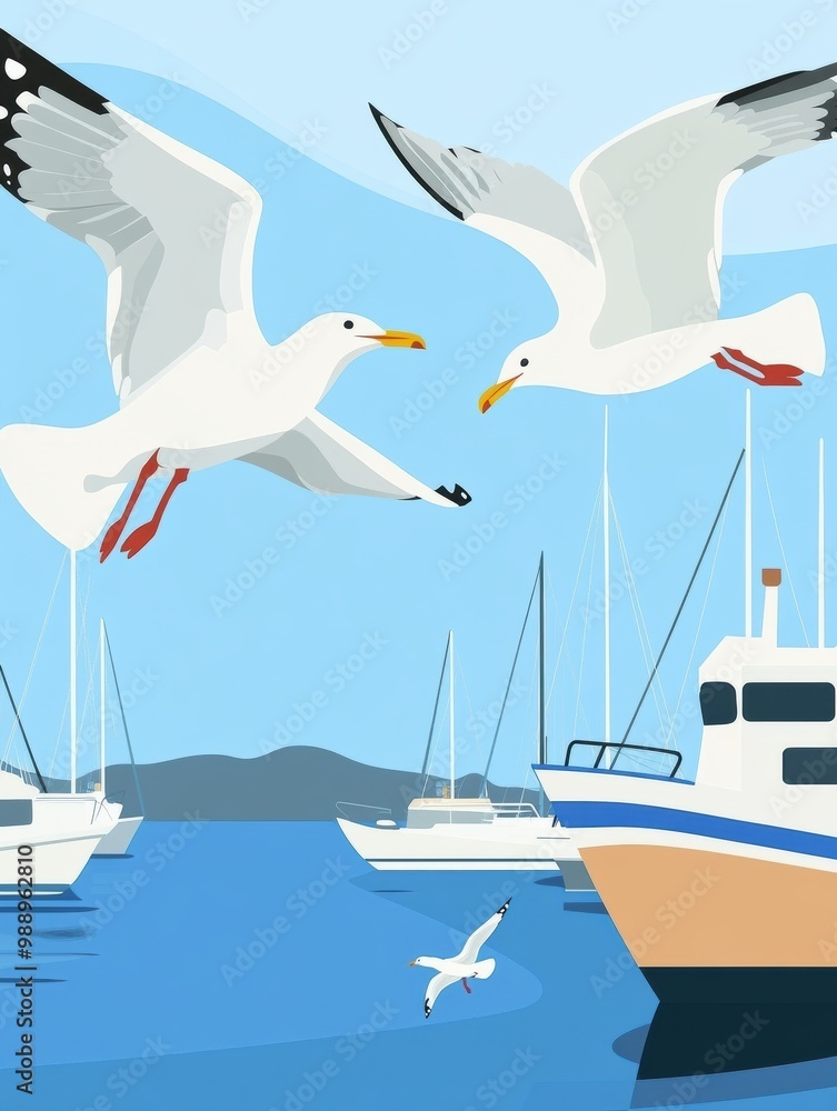 Seagulls Flying Over Boats in a Serene Harbor Seagulls Flying Over Boats in a Serene Harbor