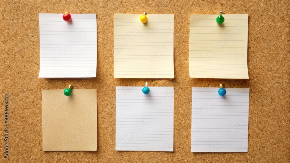 Blank paper notes pinned to a cork board, perfect for detective investigation theme with copy space Blank paper notes pinned to a cork board, perfect for detective investigation theme with copy space