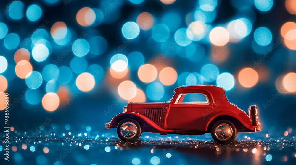 Holiday-Themed Toy Car with Blue Glitter and Festive Bokeh Lights Holiday-Themed Toy Car with Blue Glitter and Festive Bokeh Lights