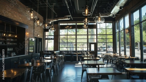 interior of modern restaurant with brick walls, concrete floor and black wooden ceiling 