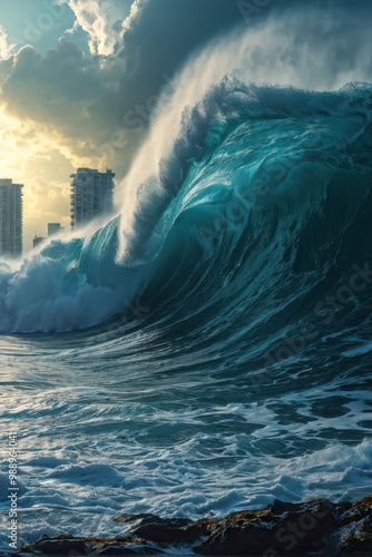 Catastrophic wave surges towards a bustling metropolis. Experience the sheer power of nature in this dramatic footage of a massive tsunami wave crashing toward a thriving city. generative AI photo