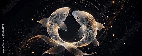 Ethereal Pisces, Two intertwined fish outlined in glowing gold, surrounded by cosmic elements and stars, representing the spiritual depth and adaptability of Pisces. photo