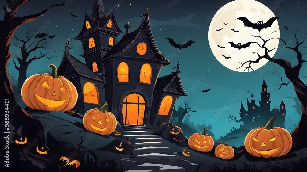 Spooky halloween night scene featuring haunted mansion, bats, and jack-o'-lanterns Spooky halloween night scene featuring haunted mansion, bats, and jack-o'-lanterns