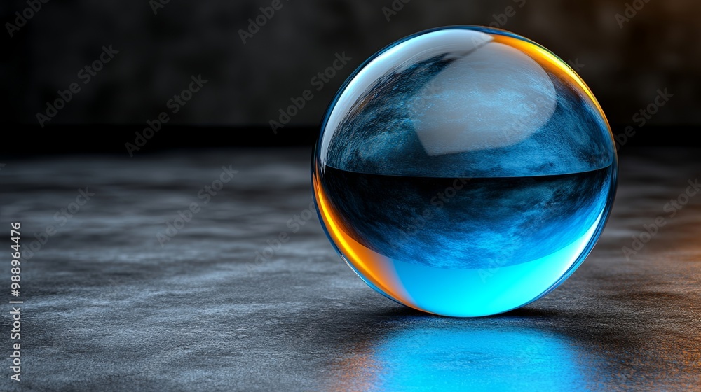 A shimmering blue glass orb with a swirling pattern inside, reflecting light on a dark, textured surface A shimmering blue glass orb with a swirling pattern inside, reflecting light on a dark, textured surface