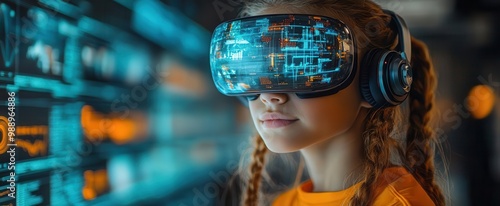 elementary student wearing colorful ar headset interactive holographic display floating before them bright classroom setting with futuristic learning tools and engaged classmates in background