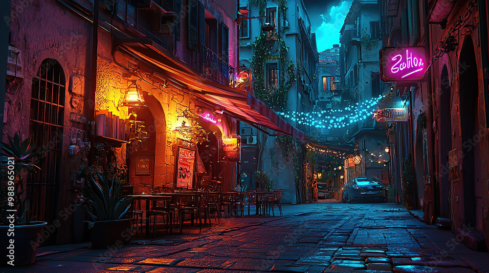 Naklejka premium cuntry, generative ai, landscape, architecture, curtoone, chasny house, background, art nouveau, city, skyline, skyscraper, building, night, street, light, old, road, town, urban, europe, people, car,