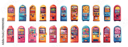 Chewing gum vending machines cartoon vector set. Round bubblegum balls capsules colorful candies sweets, retro automated dispensers kiosks selling distributing isolated illustration on white