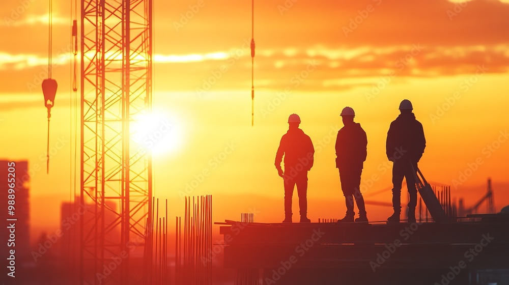 Engineer and workers in silhouette, working at a construction site during sunset. Engineer and workers in silhouette, working at a construction site during sunset.