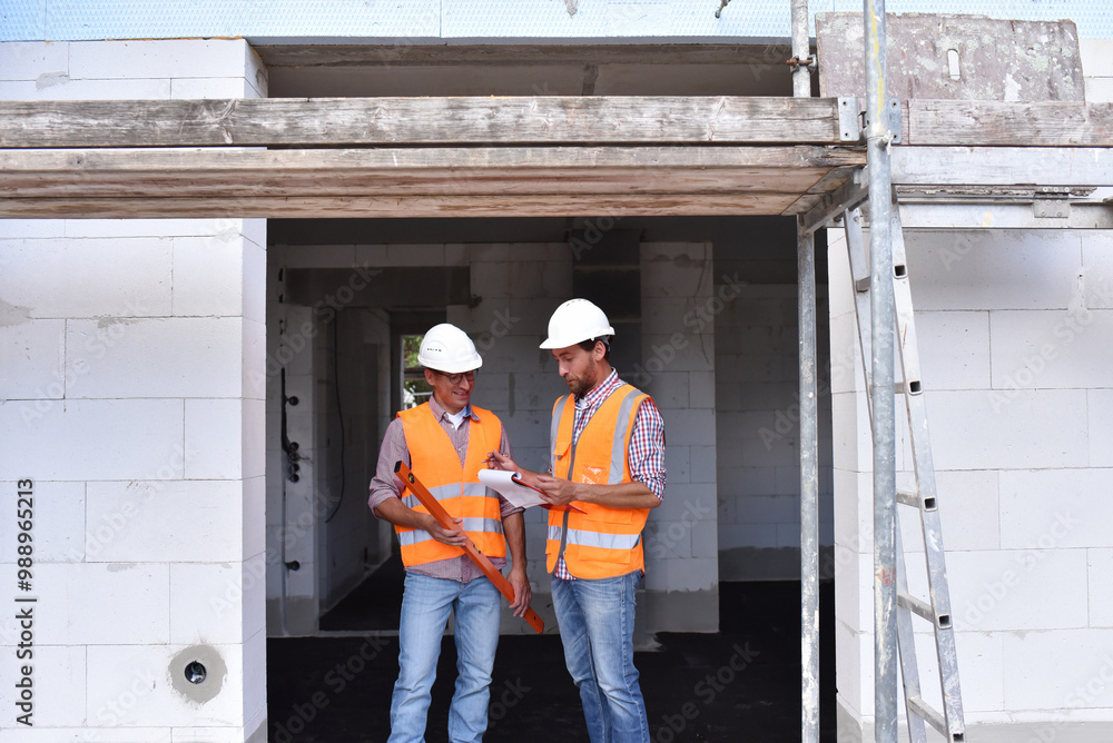 teamwork on the construction site - site manager and architect on site during the construction of a house teamwork on the construction site - site manager and architect on site during the construction of a house