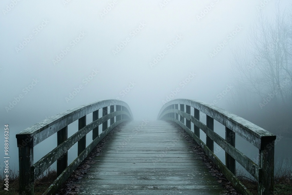 Fototapeta premium A fog-covered bridge that fades into the distance, symbolizing uncertainty or the unknown in one's mental journey 