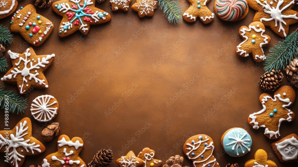 Gingerbread Cookies and Fir Branches on Brown Background Gingerbread Cookies and Fir Branches on Brown Background