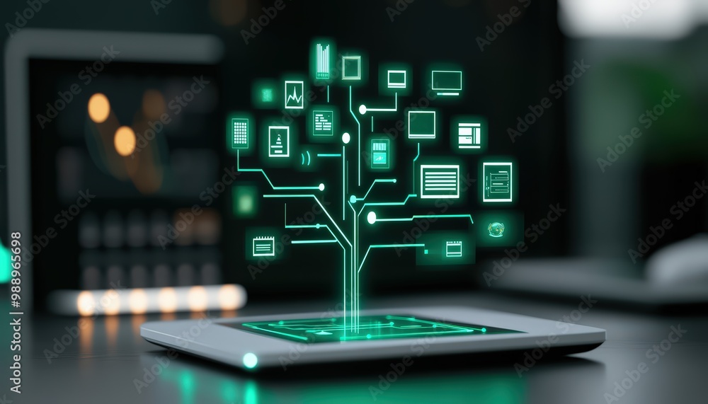 Glowing Abstract Digital Tree with Icons Glowing Abstract Digital Tree with Icons