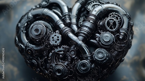 A black and white steampunk heart with gears, valves, and pipes intertwined, symbolizing the connection between machinery and emotion, high contrast shading and intricate mechanical elements.