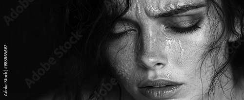 emotive black and white portrait of woman crying high contrast dramatic lighting emphasizes raw emotion and vulnerability