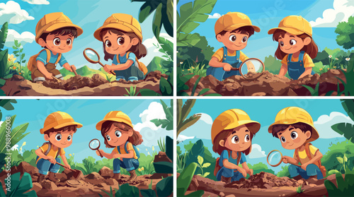 Children archaeology cartoon vector concepts. Kids excavation pit shovel magnifying glass soil pile explore little boy girl work ground earth diggers artifacts searching illustrations