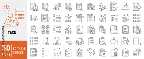 Task icon collection set. Containing clipboard, checklist, report, survey or agreement editable stroke icon. Simple line vector illustration