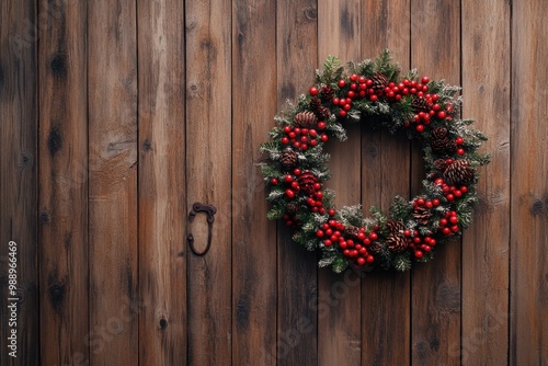 Christmas Wreath Hanging on Rustic Wooden Wall