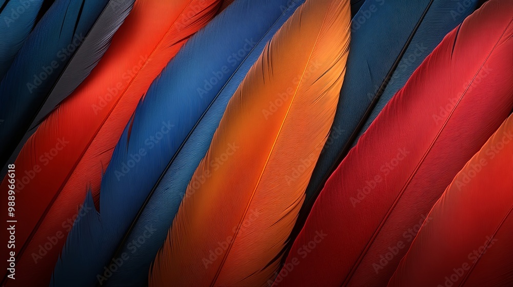 Naklejka premium A close-up view of colorful feathers arranged in a diagonal pattern, showcasing the intricate details and textures of each feather.