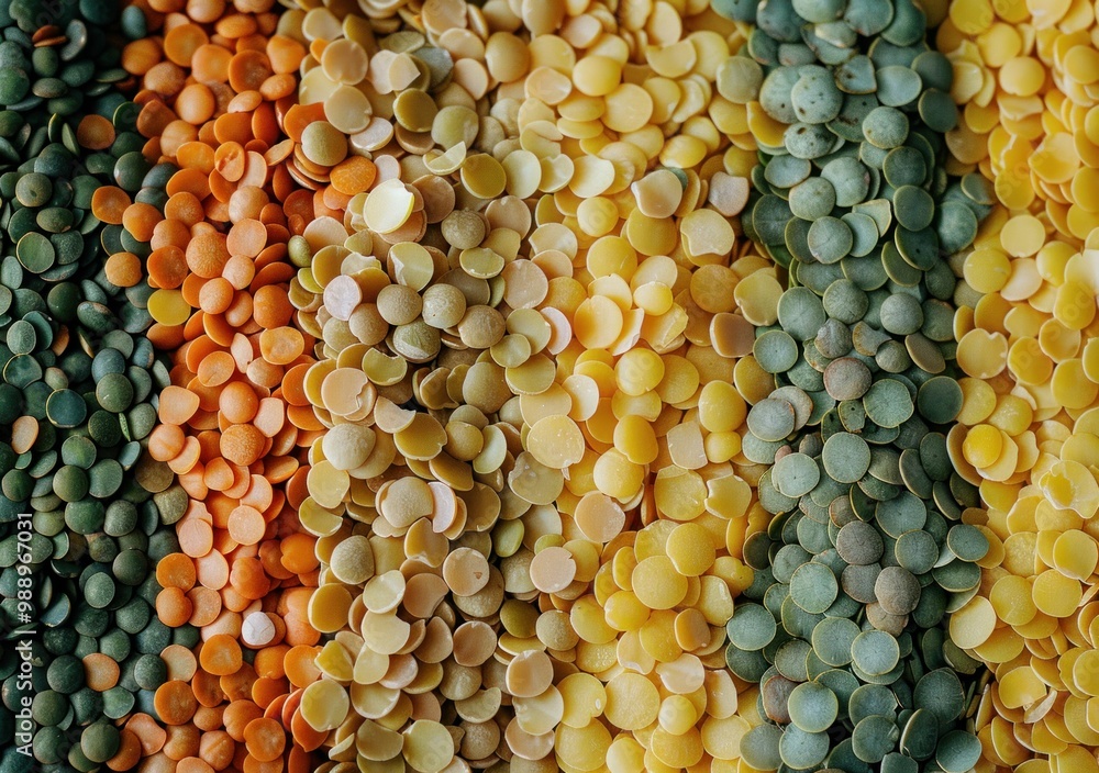 Colorful array of lentils arranged in stripes on a textured surface showcasing rich hues from orange to green Colorful array of lentils arranged in stripes on a textured surface showcasing rich hues from orange to green