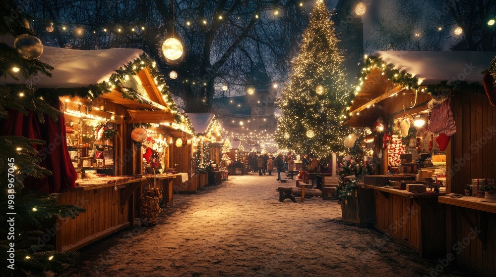 A Christmas market at night with illuminated wooden stalls, a decorated tree, and a joyful holiday atmosphere. A Christmas market at night with illuminated wooden stalls, a decorated tree, and a joyful holiday atmosphere.