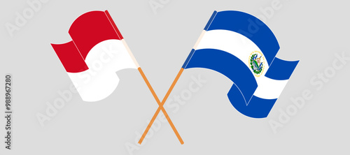 Crossed and waving flags of Monaco and Republic of El Salvador. Vector illustration