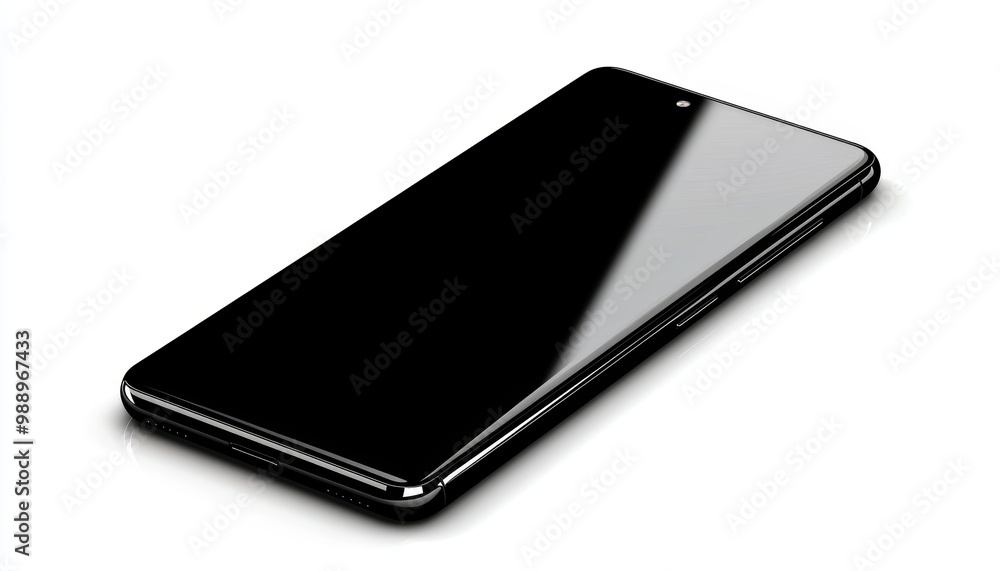A sleek black smartphone with a glossy screen A sleek black smartphone with a glossy screen