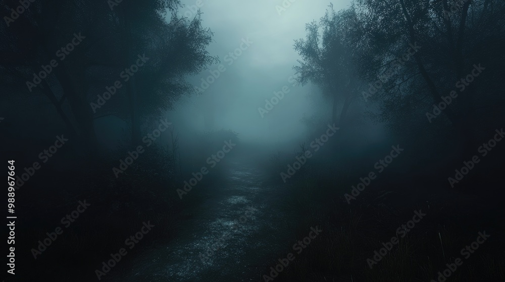 Fototapeta premium A desolate path shrouded in thick mist, with dim light barely piercing through, creating an eerie Halloween atmosphere full of mystery and suspense.