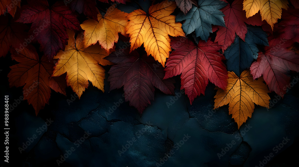Autumn Leaves on Dark Background, Red, Orange, Yellow Foliage, Seasonal Change Autumn Leaves on Dark Background, Red, Orange, Yellow Foliage, Seasonal Change