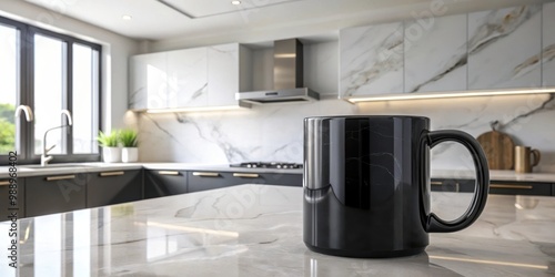 Glossy black mug mockup displayed in a luxurious marble kitchen