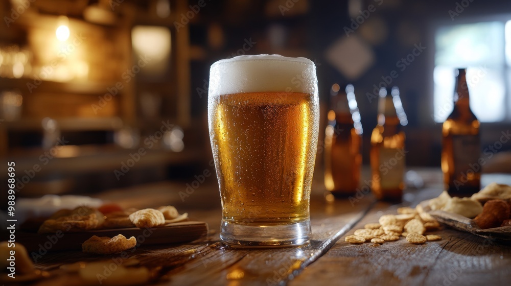 A frosty glass of beer with condensation, sitting on a rustic wooden table, surrounded by beer bottles and snacks, inviting viewers to enjoy a casual gathering. A frosty glass of beer with condensation, sitting on a rustic wooden table, surrounded by beer bottles and snacks, inviting viewers to enjoy a casual gathering.