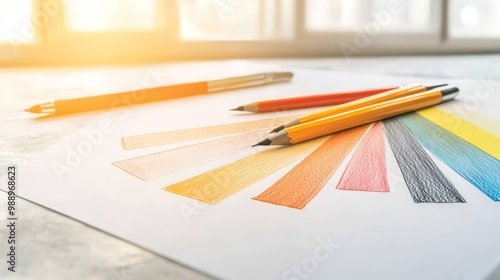 Colorful pencils and drawing tools on a white background, arranged on a table, representing creativity and art photo