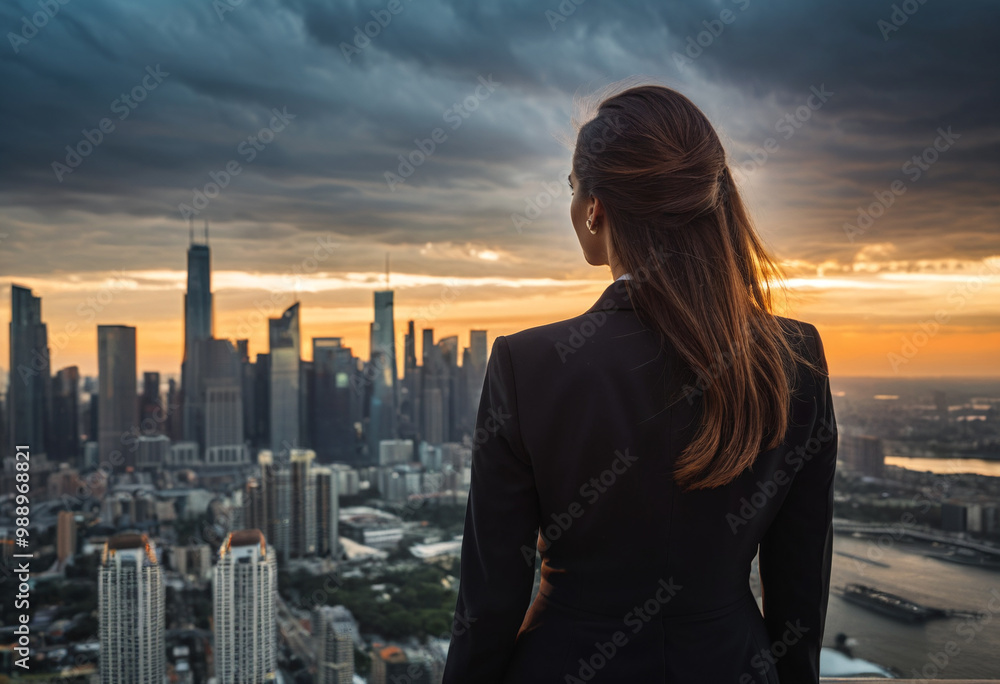 Fototapeta premium Woman Businessman stands on the roof against the backdrop of city skyscrapers 