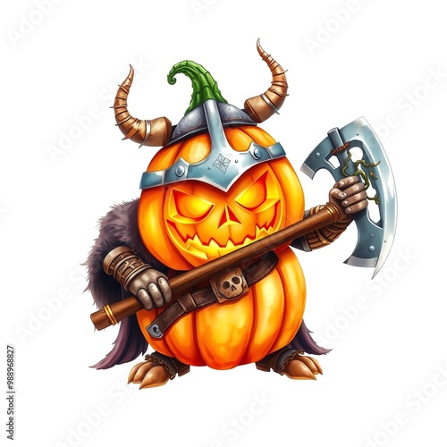 Pumpkin warrior with axe and helmet. photo