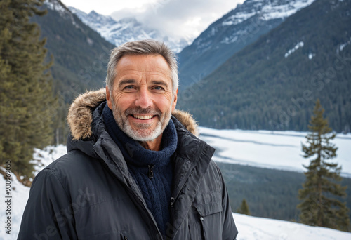 male tourist in the alps in a winter jacket smiling at the camera 