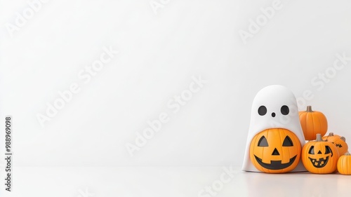 3D ghost wearing a pumpkin mask, peeking from the bottom right corner, simple soft background, spooky and cute Halloween scene, ghost pumpkin mask