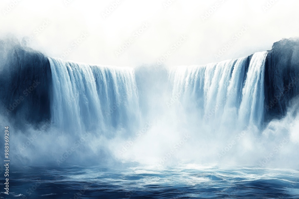 Majestic waterfall cascading over cliffs into misty river below, serene natural beauty. Majestic waterfall cascading over cliffs into misty river below, serene natural beauty.