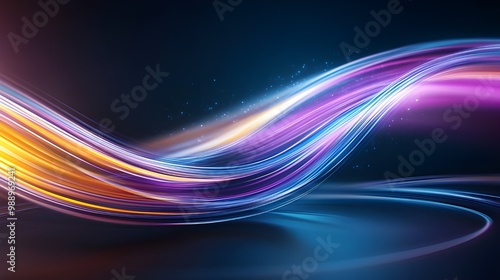 Anamorphic lens, readout, and spinning purple light in the shape of a curved flow line on a black background