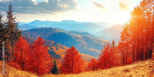 Scenic Autumn Mountain Landscape With Vibrant Red Trees and Sunlight