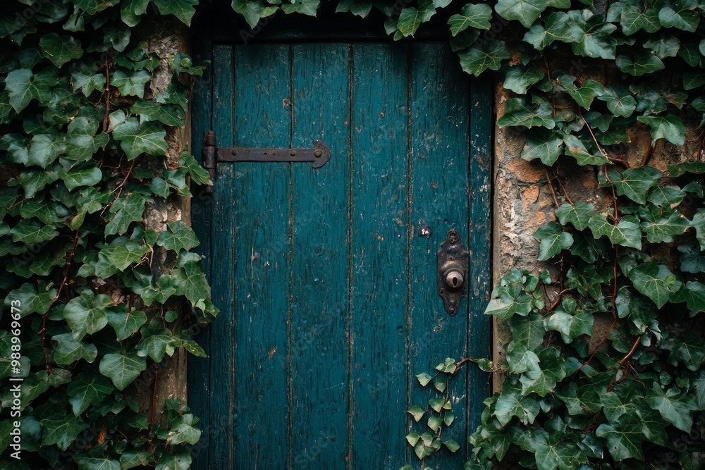 A locked door with ivy creeping around the edges, symbolizing blocked thoughts or emotions slowly being overtaken by time A locked door with ivy creeping around the edges, symbolizing blocked thoughts or emotions slowly being overtaken by time