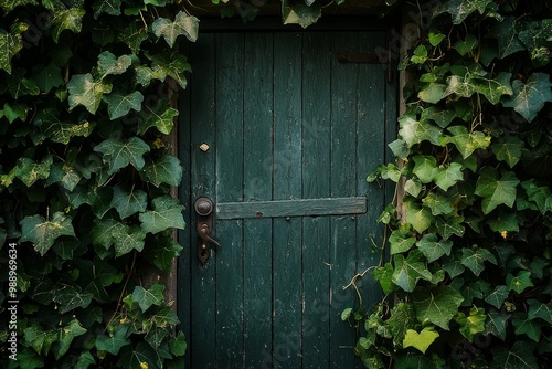 A locked door with ivy creeping around the edges, symbolizing blocked thoughts or emotions slowly being overtaken by time  photo